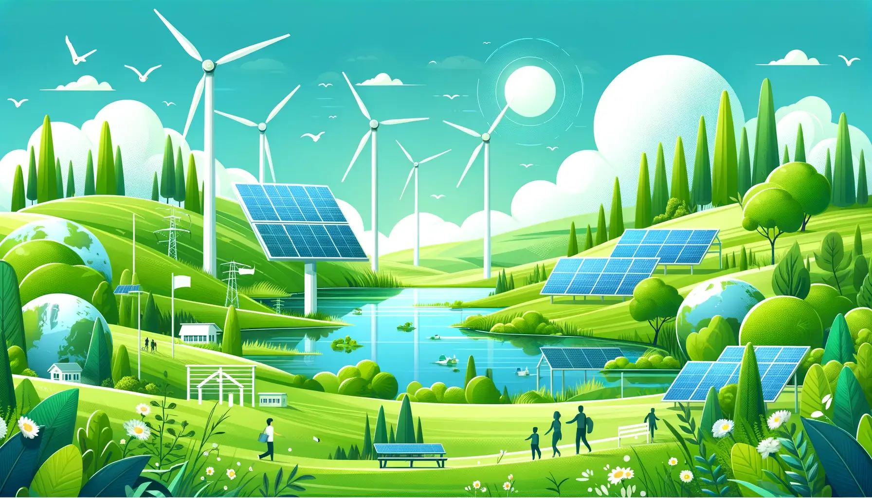 Renewable energy landscape with solar panels and wind turbines amidst lush greenery, reflecting sustainable living